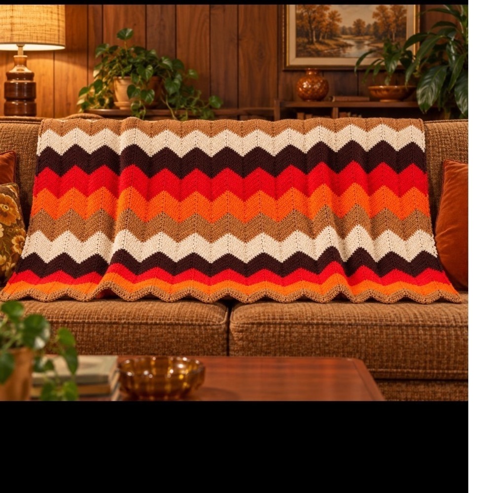 VTG 70's Handmade Crochet Afghan Blanket Chevron Ripple Orange Red Brown 66x40